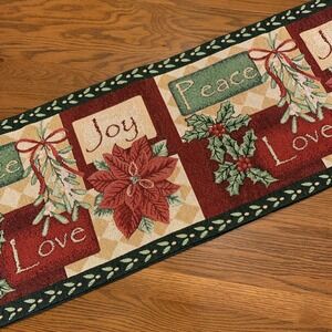 Christmas Tapestry Table Runner Holly & Poinsettias "Peace Joy Love" 72" X 13"